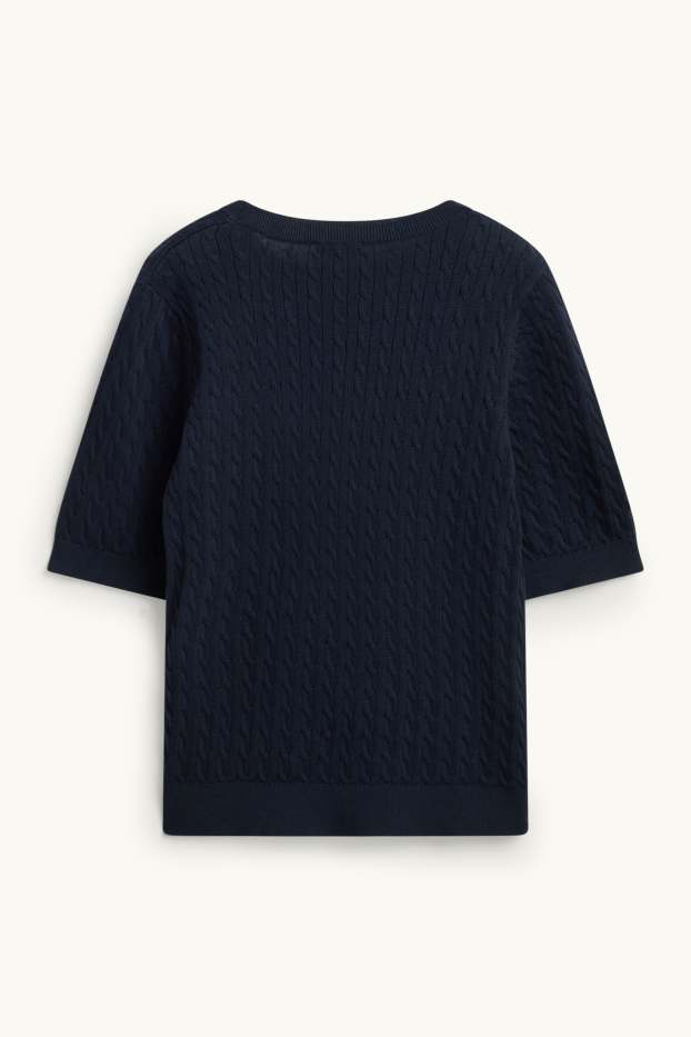 Damen - Strickpullover - kurzarm - Zopfmuster - dunkelblau