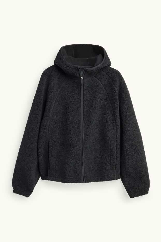 Men - Teddy fur jacket with hood - black