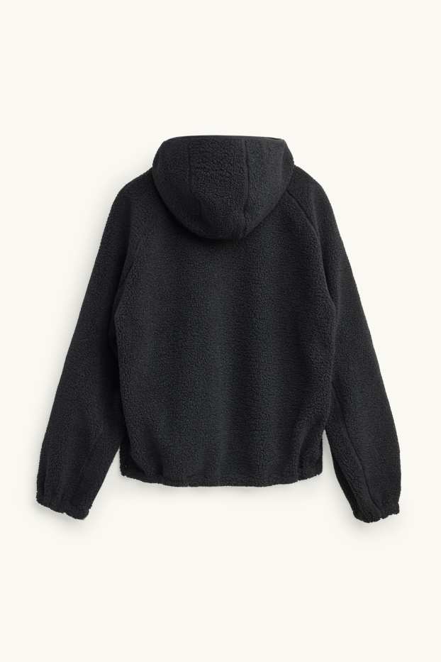 Men - Teddy fur jacket with hood - black