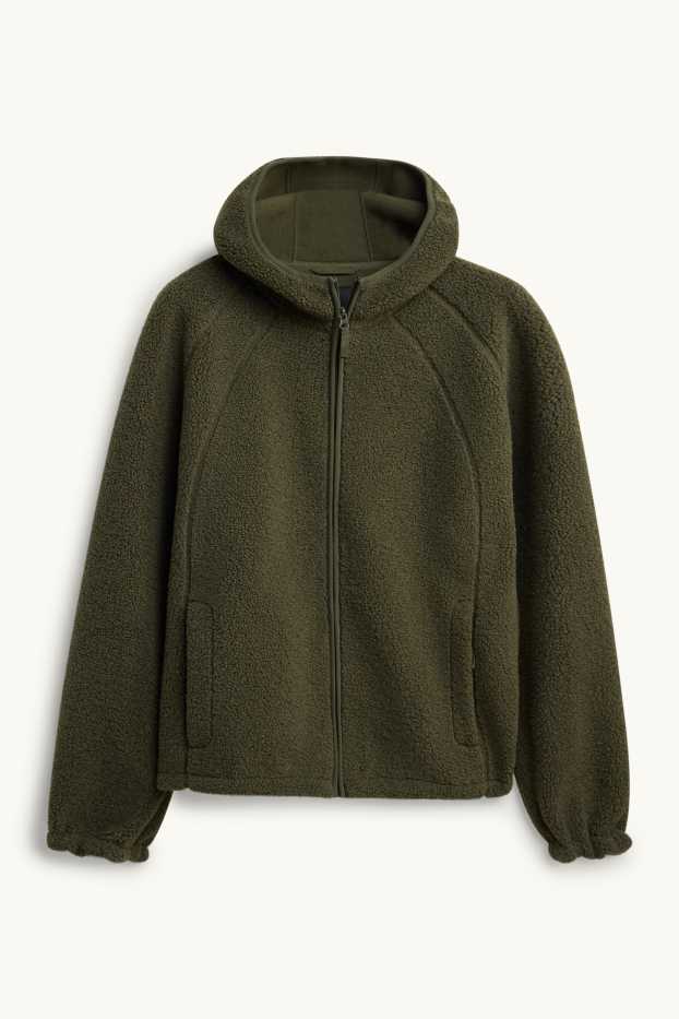Men - Teddy fur jacket with hood - dark green