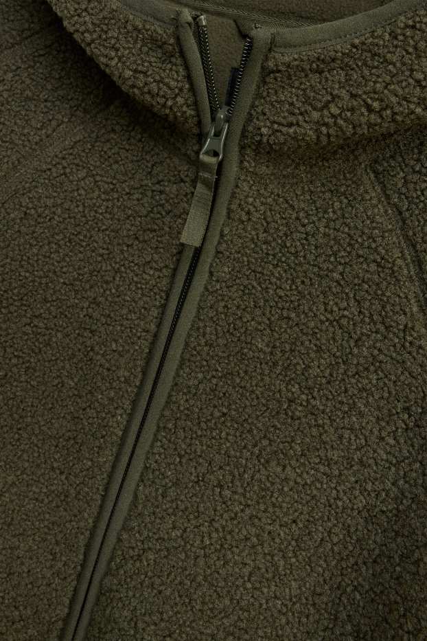 Men - Teddy fur jacket with hood - dark green