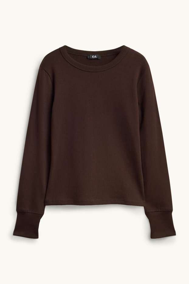 Femmes - Haut à manches longues - slim fit - finition côtelée - marron foncé
