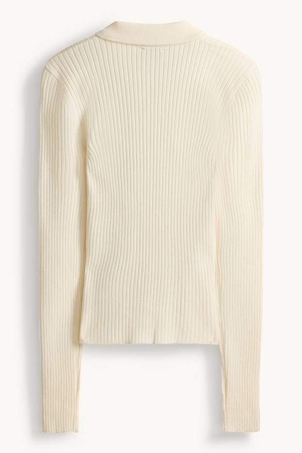 Femmes - Polo à manches longues - slim fit - finition côtelée - blanc crème