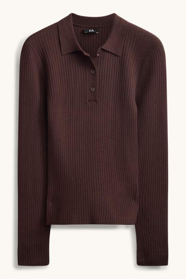 Dames - Poloshirt met lange mouwen - slim fit - ribstof - bruin