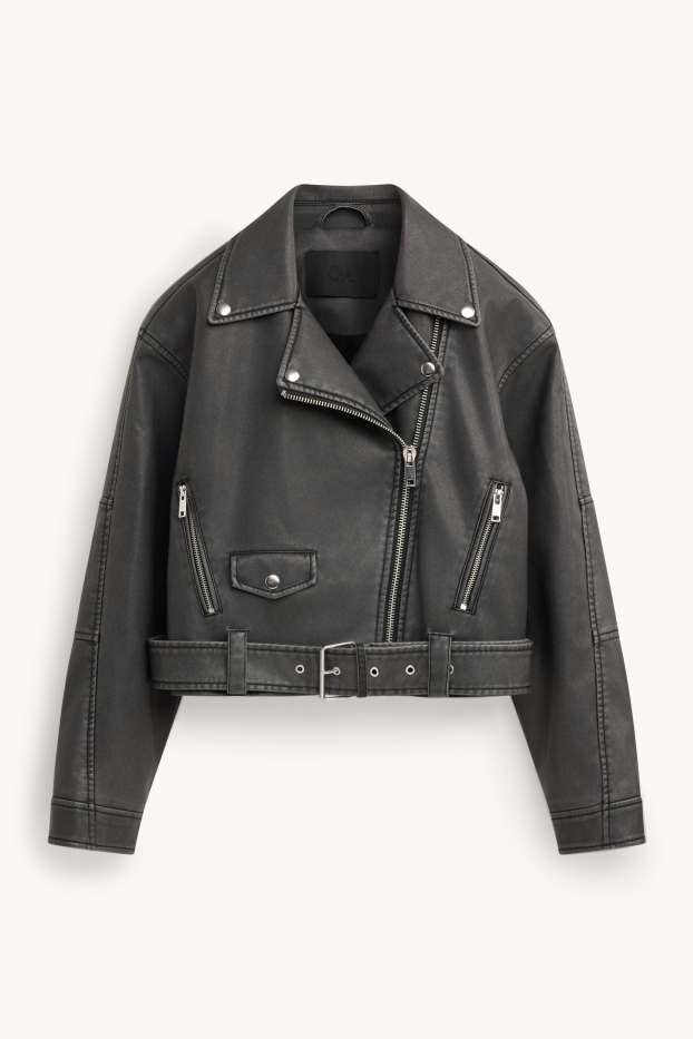 Femmes - Blouson motard avec ceinture - matière synthétique - noir