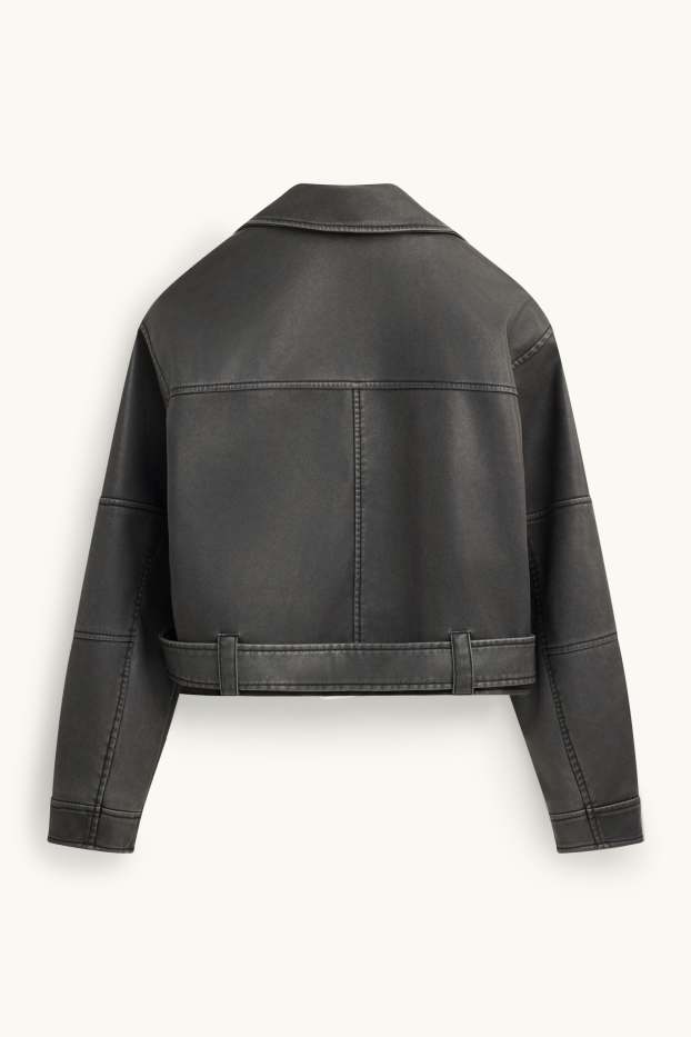 Femmes - Blouson motard avec ceinture - matière synthétique - noir