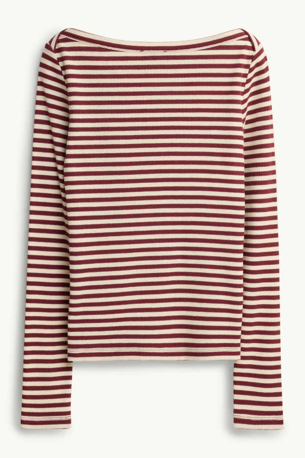 Dames - Longsleeve - regular fit - ribstof - gestreept - beige / bordeaux