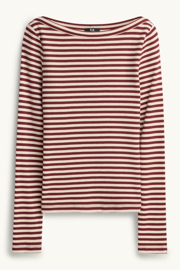 Dames - Longsleeve - regular fit - ribstof - gestreept - beige / bordeaux