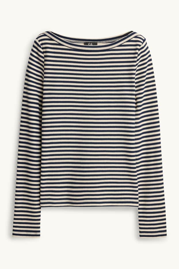 Damen - Langarmshirt - Regular Fit - gerippt - gestreift - dunkelblau / cremeweiss