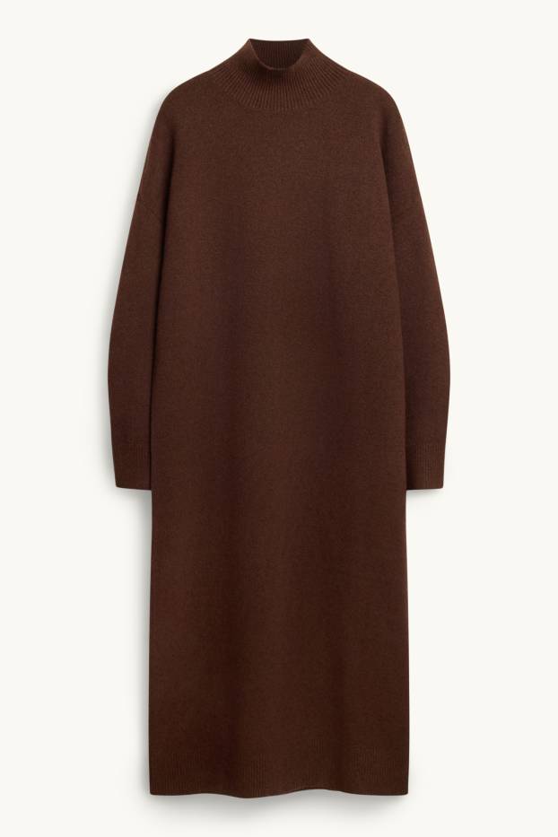 Women - Knitted dress with band collar - straight fit - dark brown