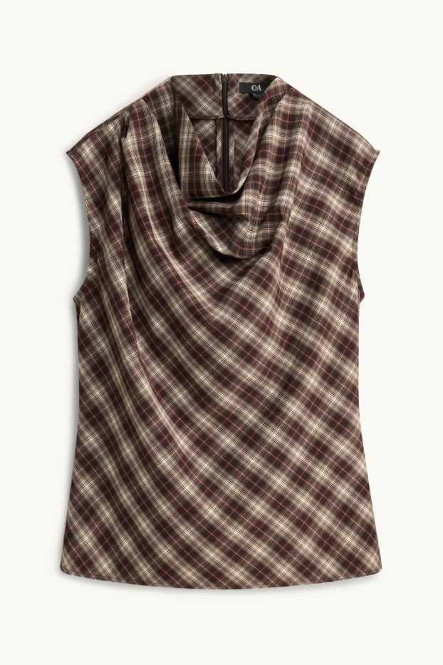 Women - Blouse top - check - beige / bordeaux