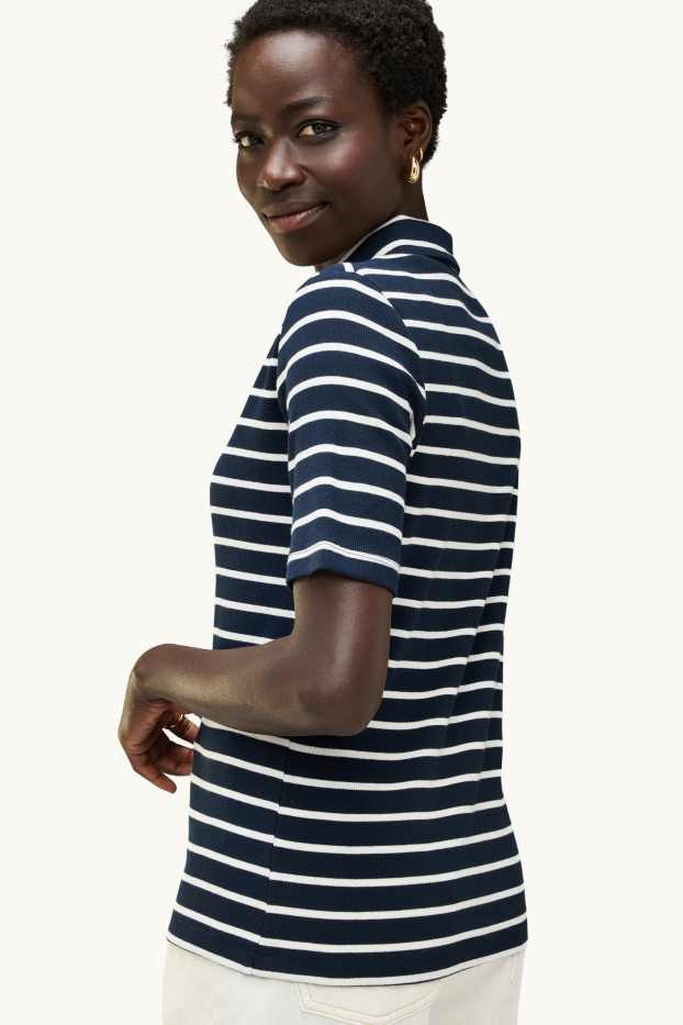 Dames - Poloshirt - regular fit - ribstof - gestreept - donkerblauw / wit
