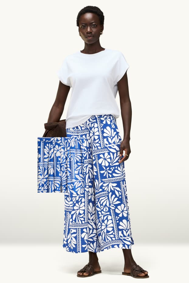Donna - Pantaloni di stoffa - vita media - palazzo - fantasia - blu / bianco