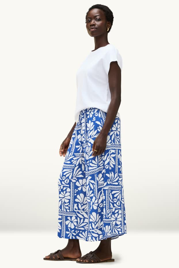 Donna - Pantaloni di stoffa - vita media - palazzo - fantasia - blu / bianco