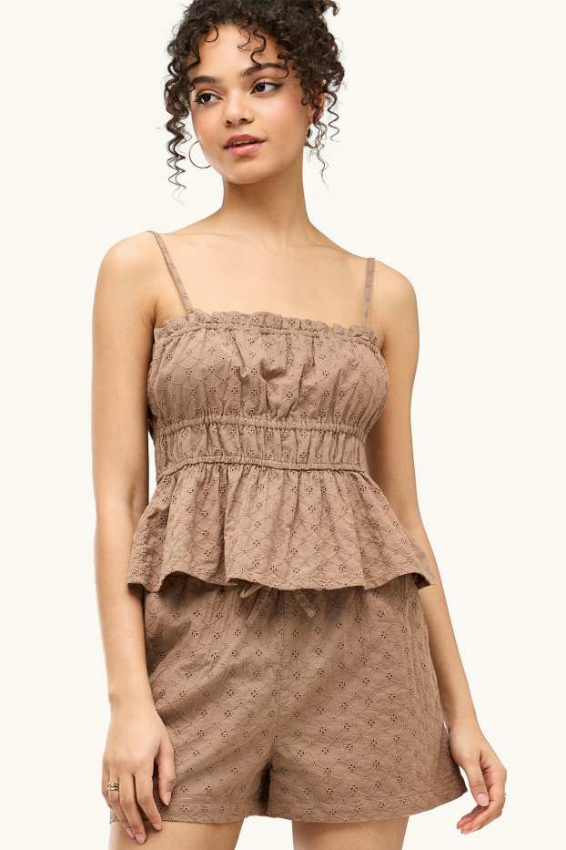 Mujer - Blusa sin mangas - bordado inglés - marrón claro