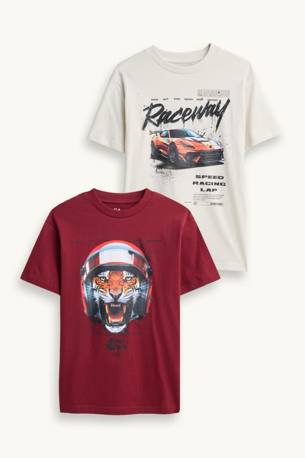 Kinder Jungen - Multipack 2er - Rennauto und Tiger - Kurzarmshirt - cremeweiss