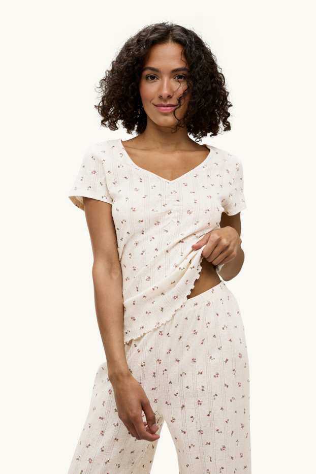 Women - Pointelle pyjamas - floral - creme