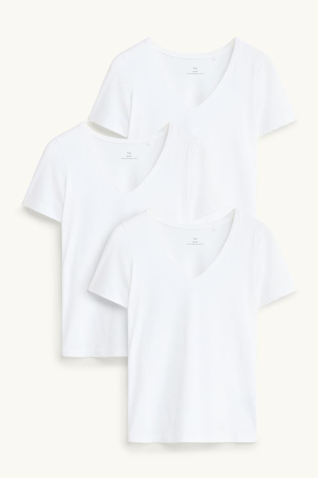 Dámské - Multipack 3 ks - tričko s výstřihem ve tvaru V - slim fit - bílá
