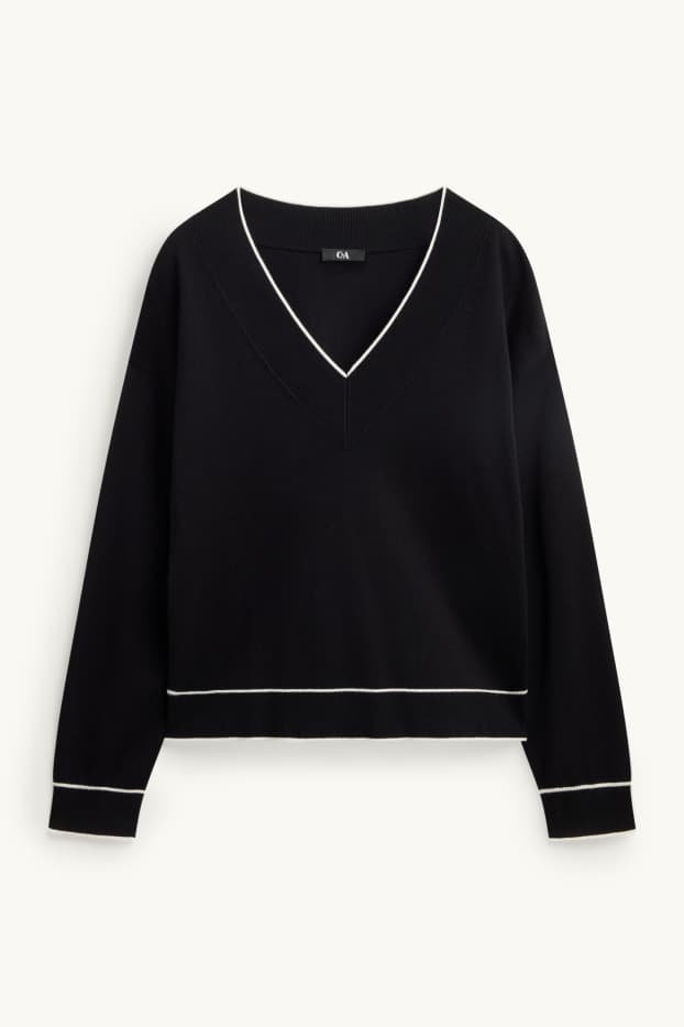 Damen - Pullover mit V-Ausschnitt - schwarz / weiß