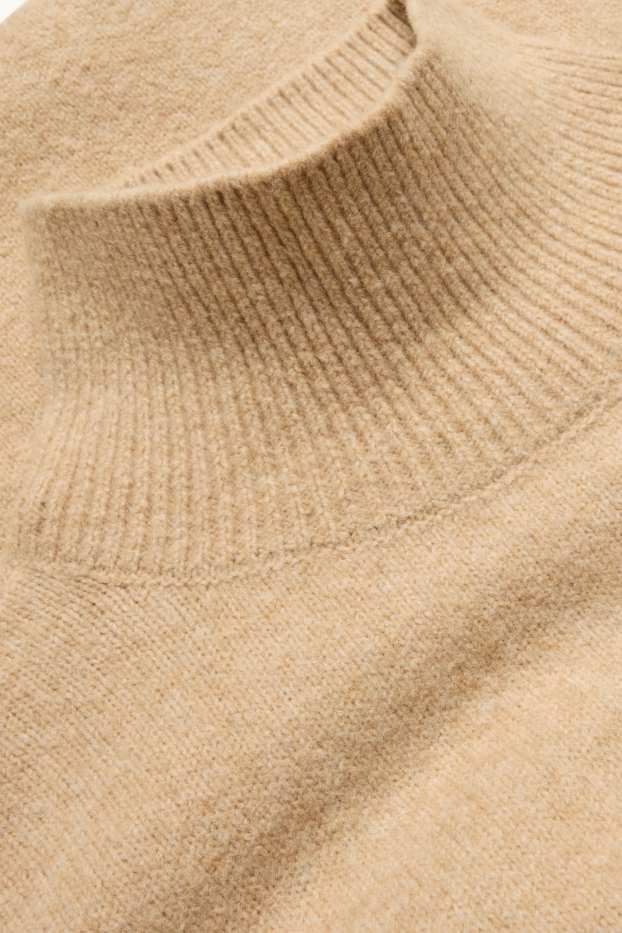 Women - Knitted dress with band collar - straight fit - sand-coloured