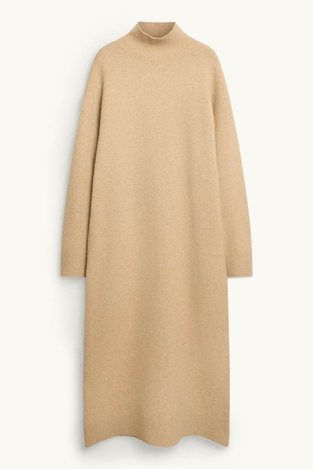 Women - Knitted dress with band collar - straight fit - sand-coloured
