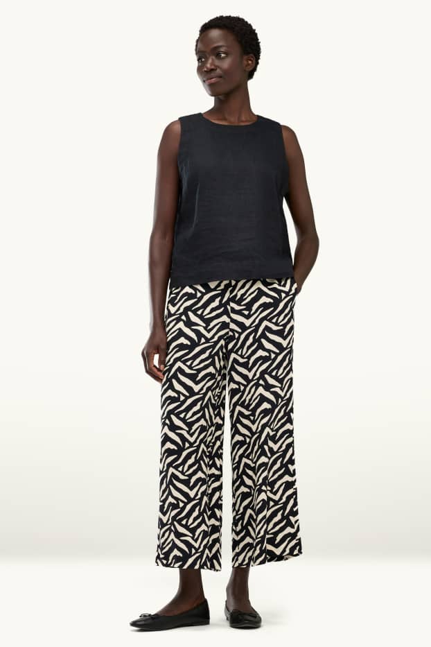 Dámské - Plátěné kalhoty - mid waist - straight fit - se vzorem - bílá/černá