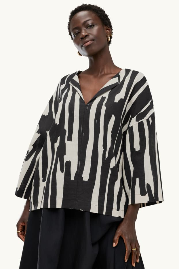 Dames - Blouse - linnenmix - met patroon - zwart / beige