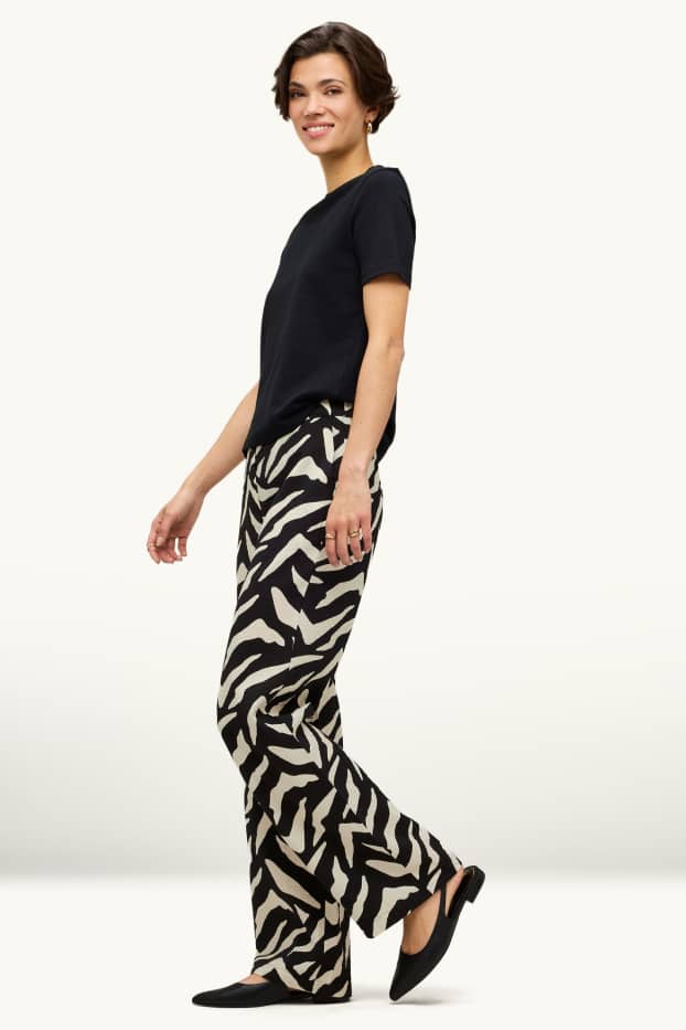 Damen - Stoffhose - High Waist - Wide Leg - gemustert - schwarz / weiss