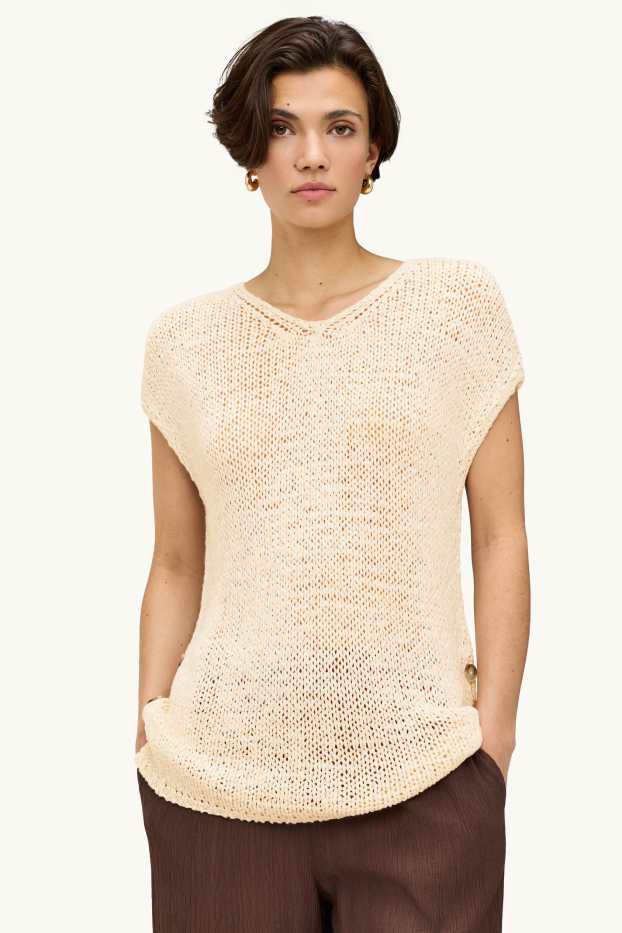 Damen - Strickpullover - kurzarm - cremeweiß
