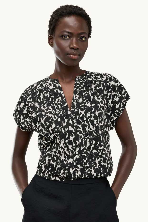 Damen - Bluse mit V-Ausschnitt - gemustert - schwarz