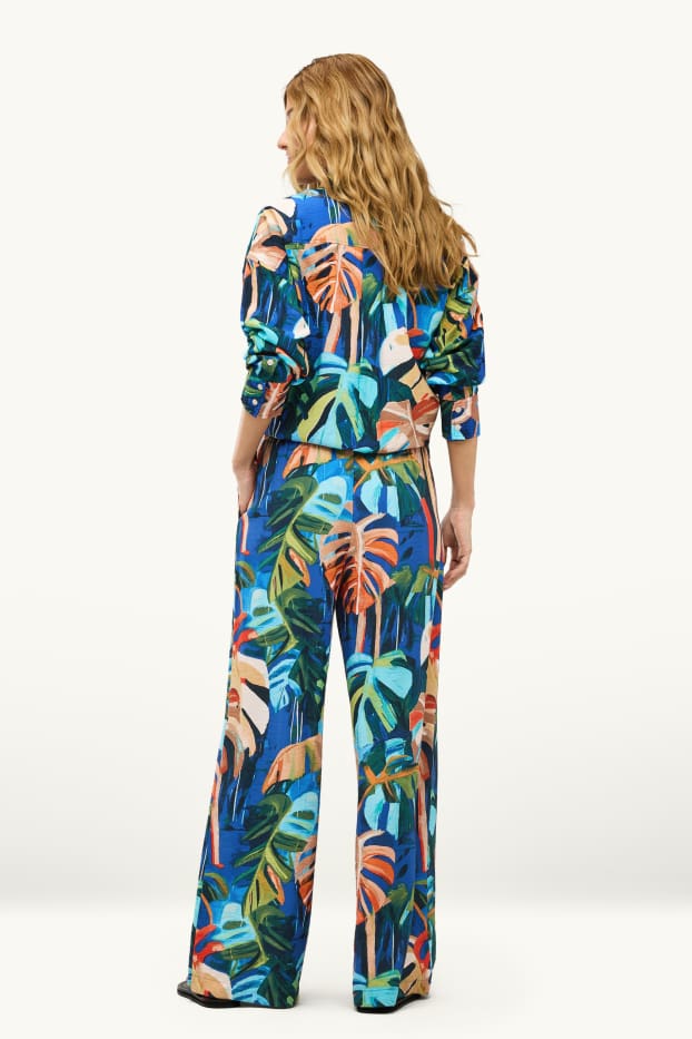 Femmes - Pantalon en toile - high waist - wide leg - à motif - bleu