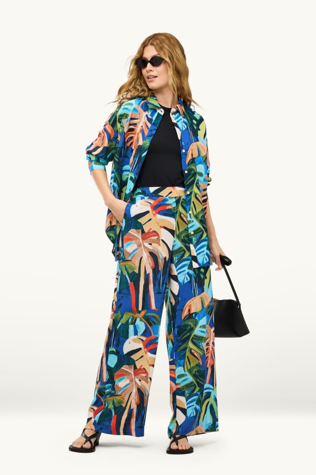 Femmes - Pantalon en toile - high waist - wide leg - à motif - bleu