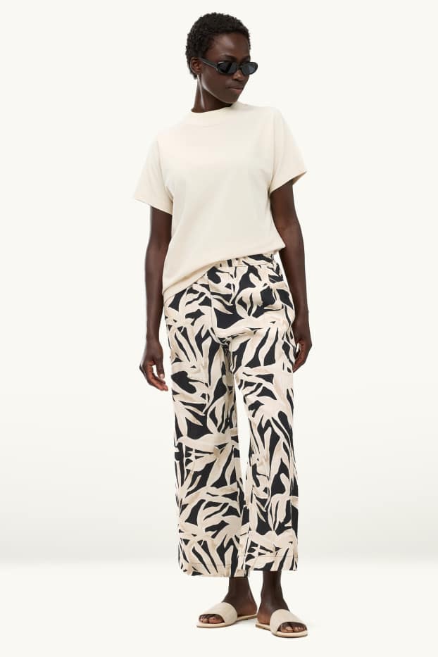 Femmes - Pantalon en toile - high waist - palazzo - à motif - beige