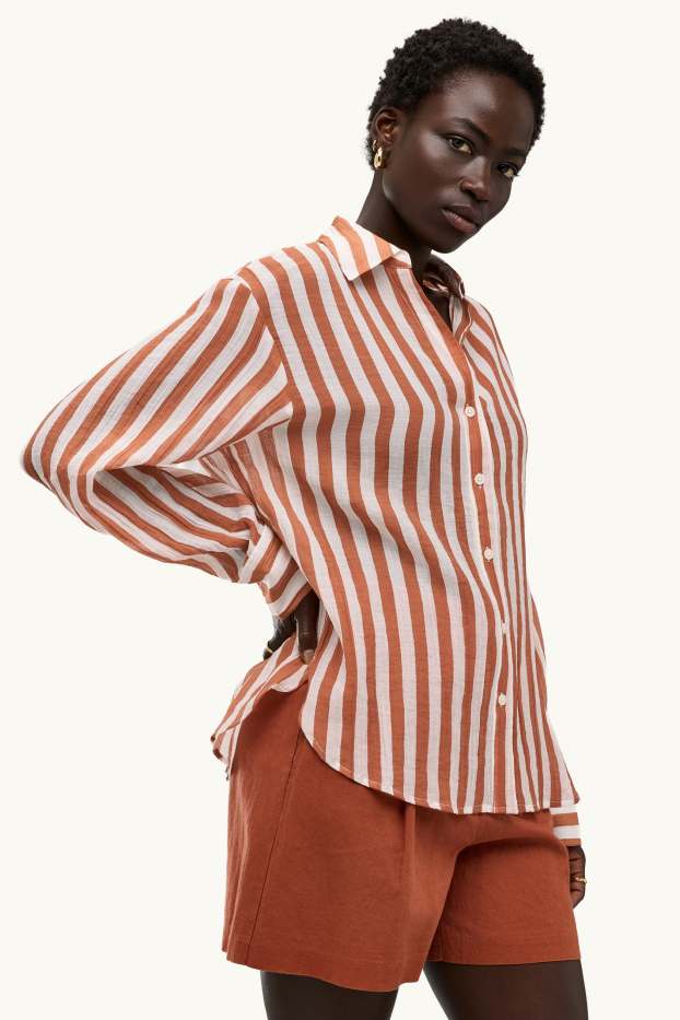 Dames - Blouse met V-hals - gestreept - met structuur - lichtbruin