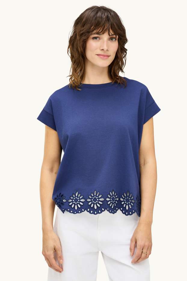 Damen - T-Shirt - Regular Fit - Broderie Anglaise - dunkelblau