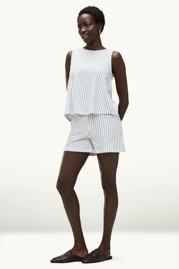 Damen - Shorts - Mid Waist - gestreift - weiß / blau
