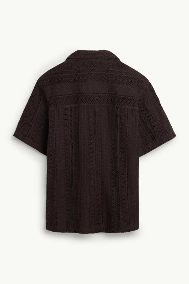 Heren - Gebreid overhemd - relaxed fit - reverskraag - gestreept - donkerbruin