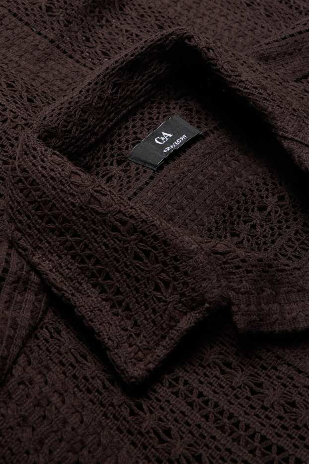 Heren - Gebreid overhemd - relaxed fit - reverskraag - gestreept - donkerbruin