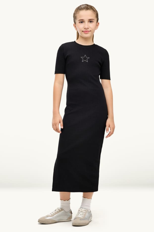Kinder Mädchen - Stern - Kleid mit Strasssteinen - gerippt - schwarz
