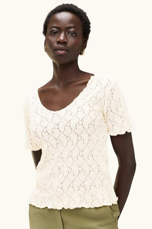 Damen - T-Shirt - Regular Fit - strukturiert - cremefarben