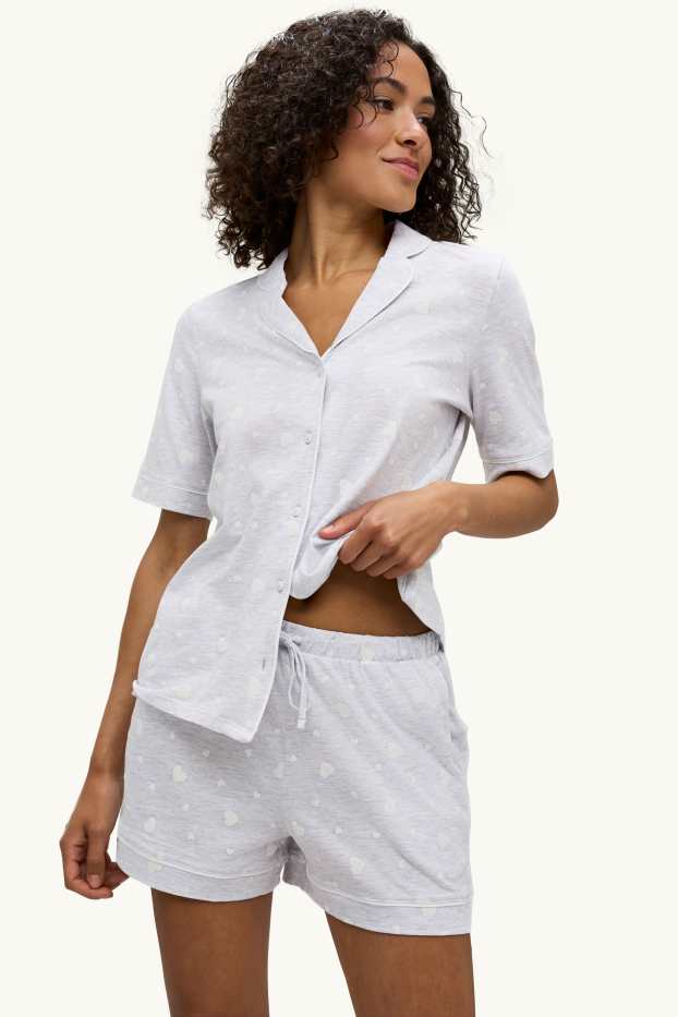 Damen - Shorty-Pyjama - gemustert - grau-melange