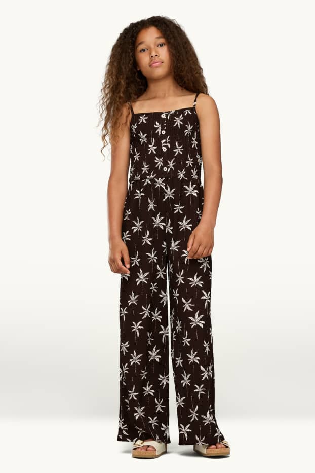 Enfants filles - Palmier - combinaison - finition texturée - smocké - marron