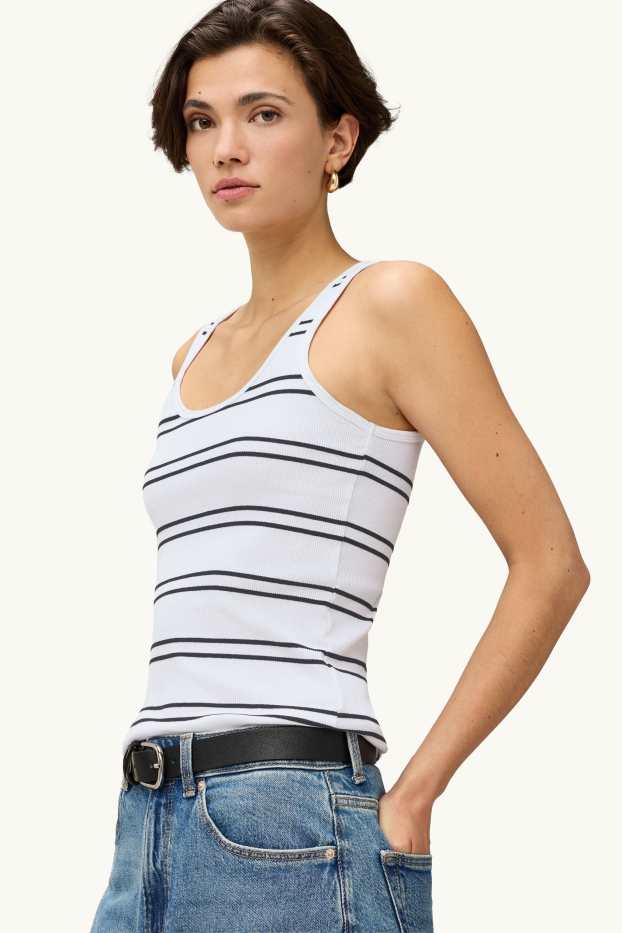 Damen - Top - gerippt - gestreift - weiss / blau