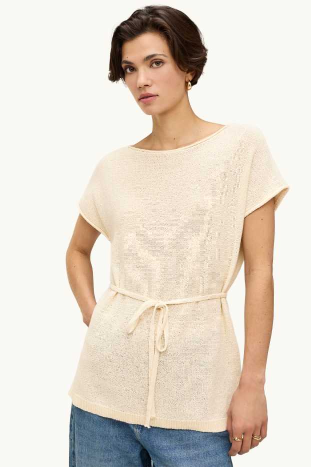 Femmes - Pull en maille - manches courtes - crème