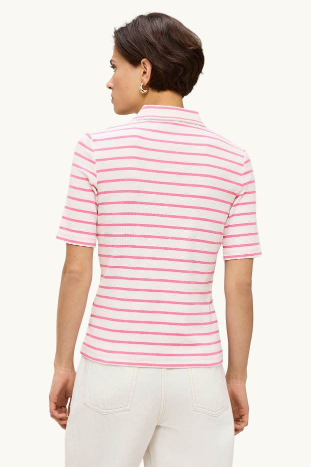 Damen - Poloshirt - Regular Fit - gerippt - gestreift - weiß / pink