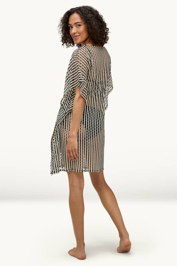 Damen - Kaftan - gestreift - weiß / schwarz