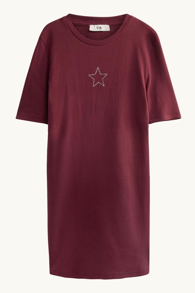 Kinder Mädchen - Stern - Kleid mit Strasssteinen - gerippt - dunkelrot