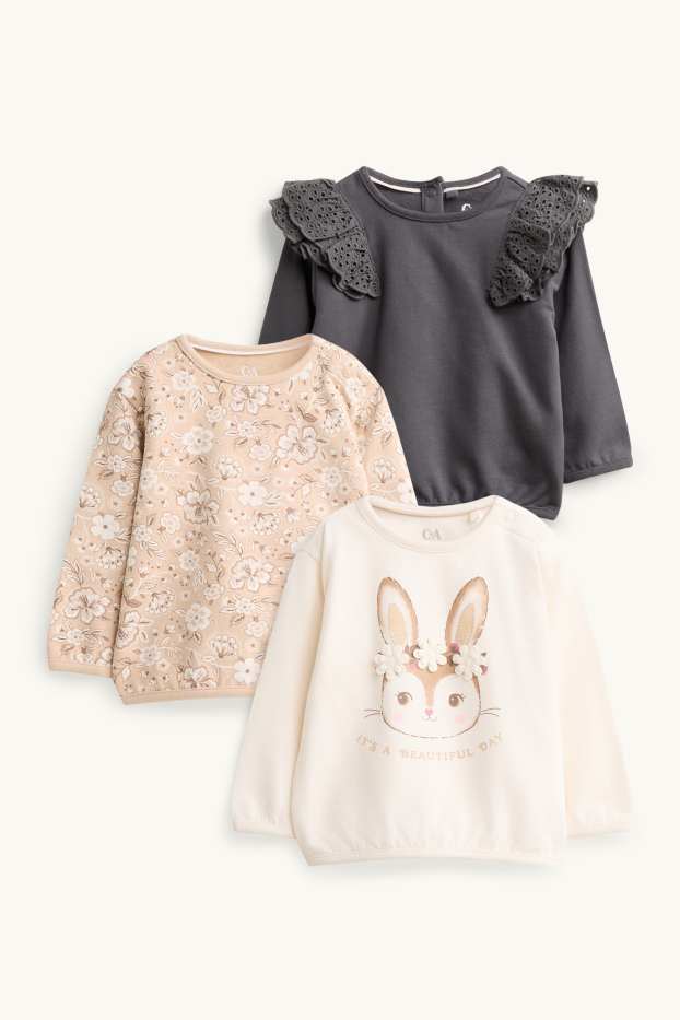 Baby Girls - Multipack of 3 - bunny rabbit and flowers - baby sweatshirt - white / beige