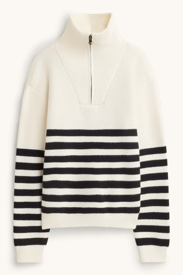 Kinder Mädchen - Pullover - gerippt - gestreift - weiß / schwarz