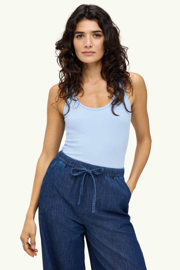 Donna - Top - a coste - azzurro